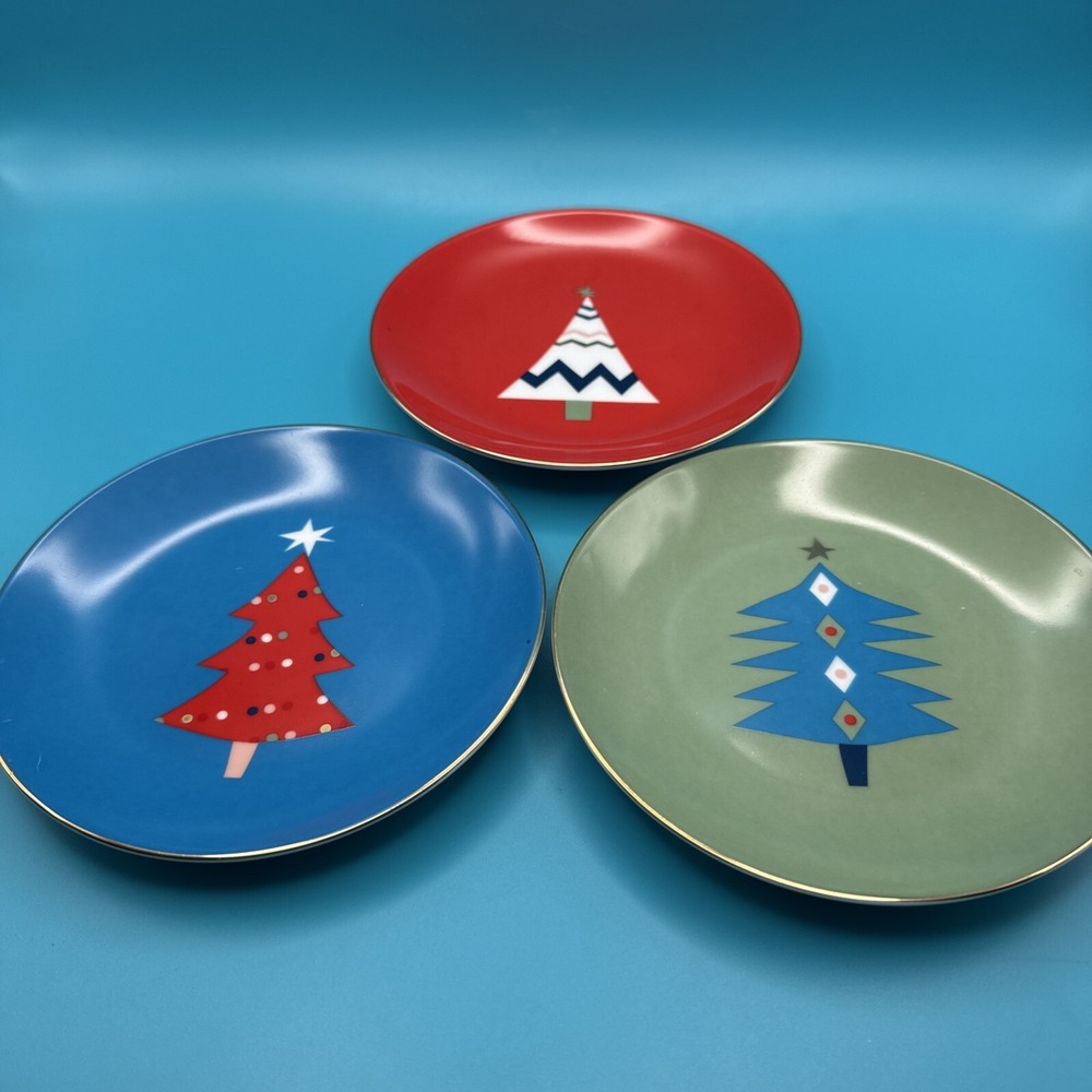 PIER 1 Christmas Tree Plate 3 Colors Holiday Appetizer‎ Canape Dessert 6"